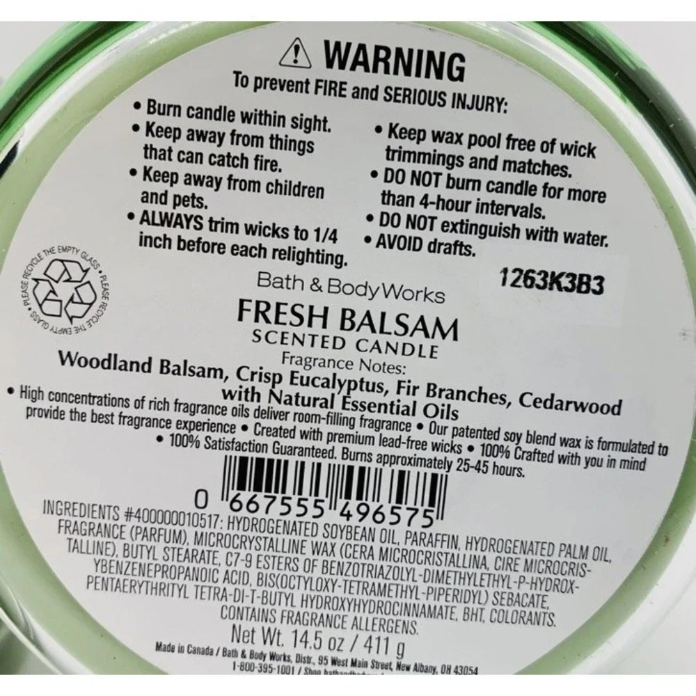 BATH & BODY WORKS FRESH BALSAM 3-WICK SCENTED CANDLE 14.5 OZ WITH ESSENTIAL OILS